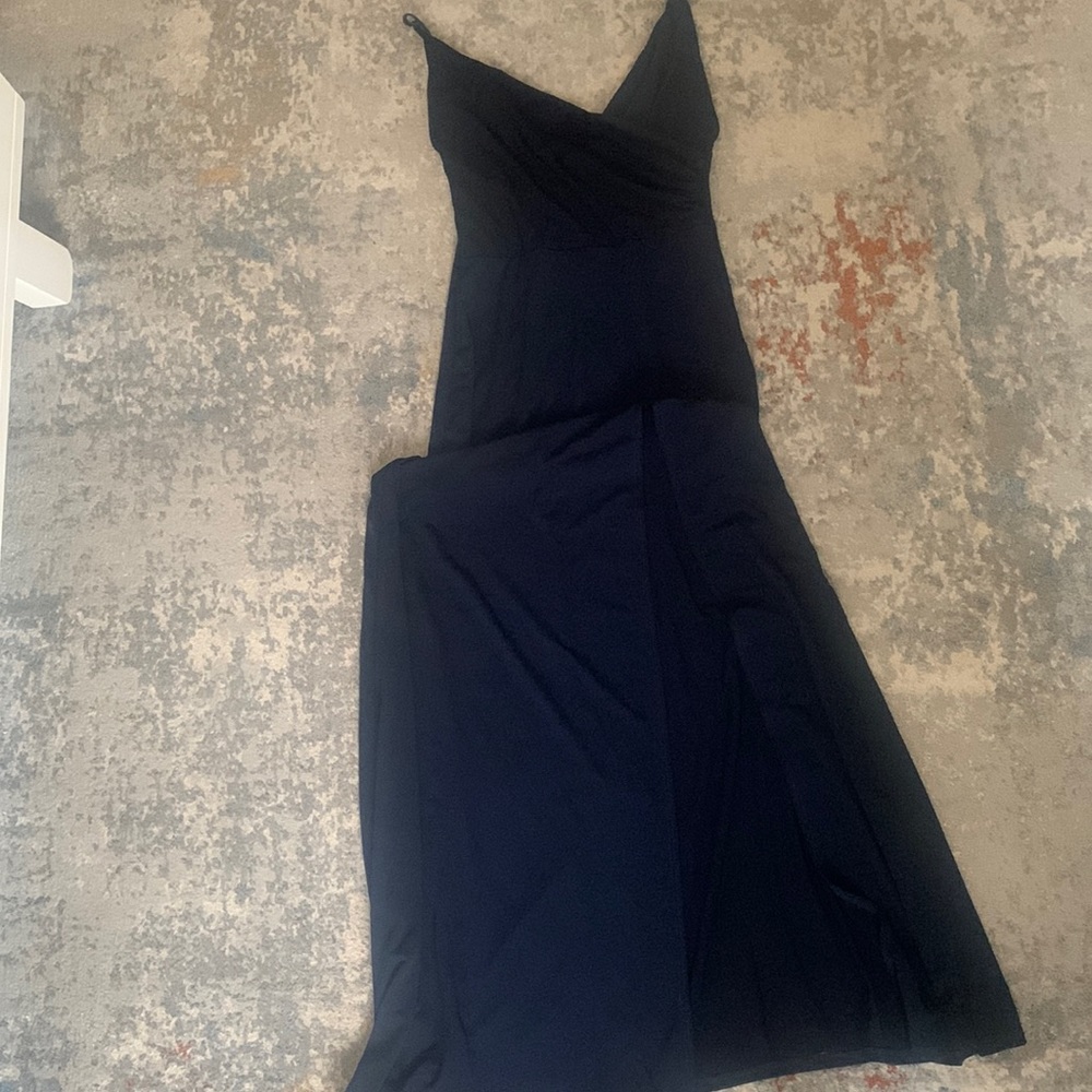 Long blue dress , slit down left side
